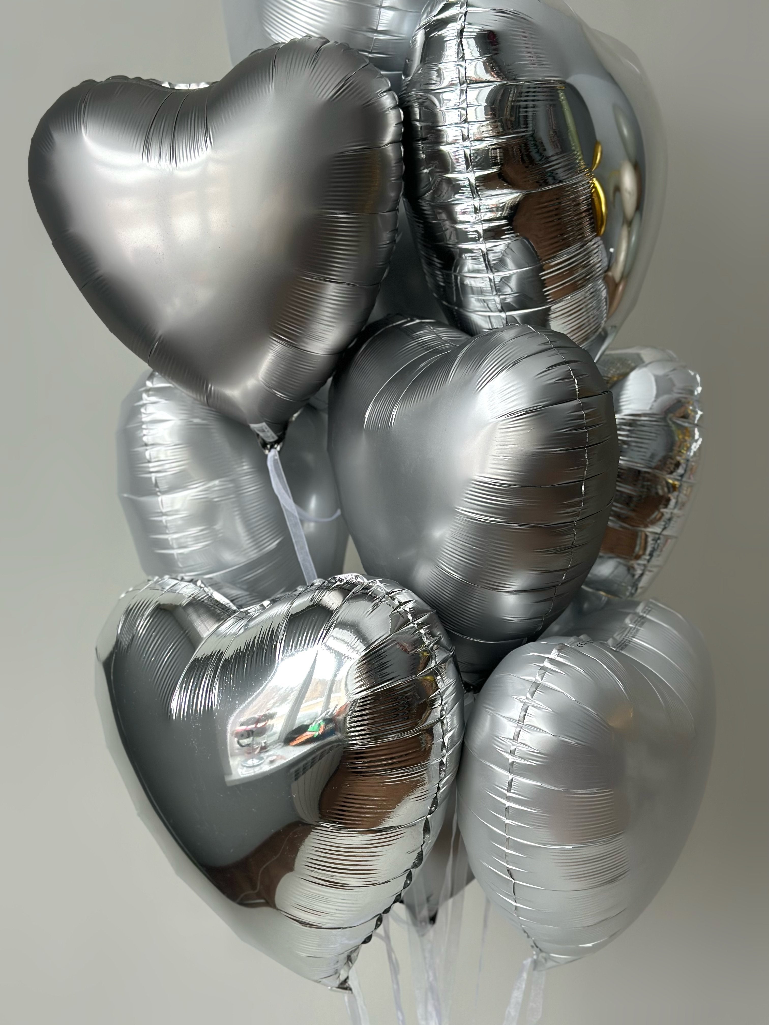 Milestone Balloon Set — 9 Silver Chrome Hearts