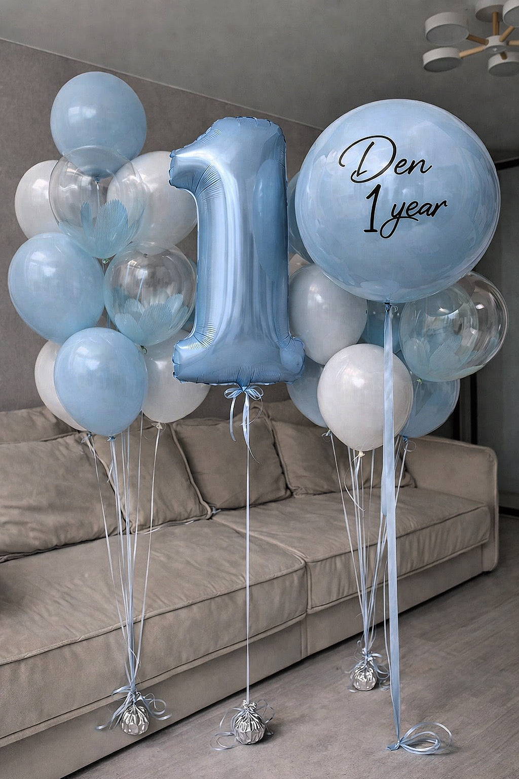 Boy’s 1st Birthday Balloon Set – Custom Name "Den" Blue & Silver Party Decor