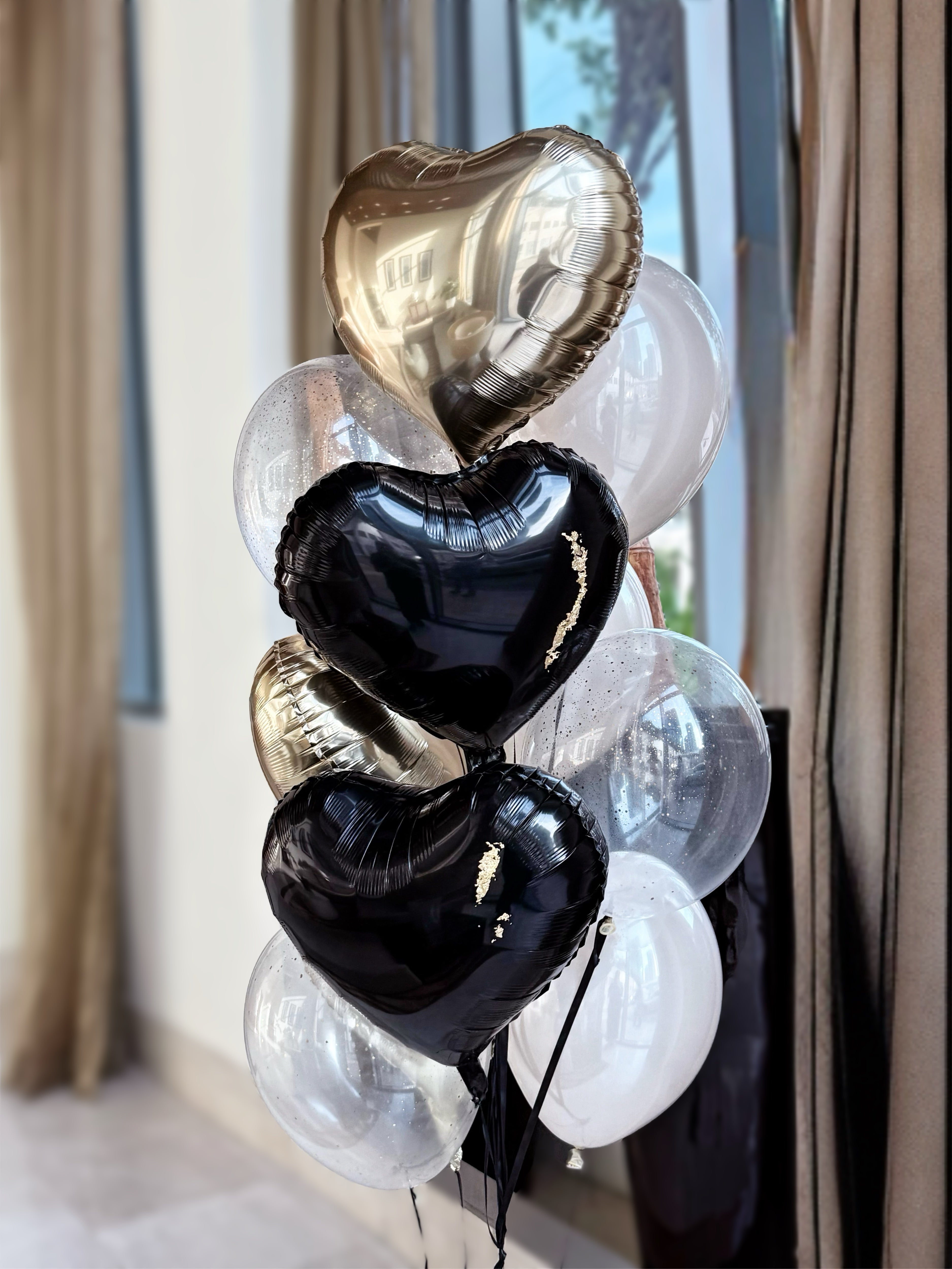 Elegant Black & Gold Heart Balloon Bouquet
