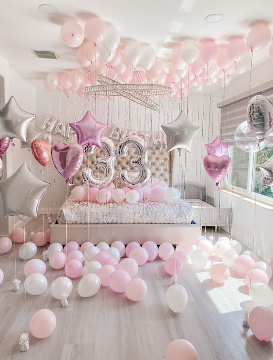 Birthday Room Balloon Decoration in Pink Colors
